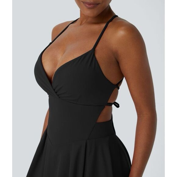 Halara SoftlyZero Airy Lace Up 2-in-1 Pocket Mini Slip Casual Dress Black S NWT - Picture 4 of 13